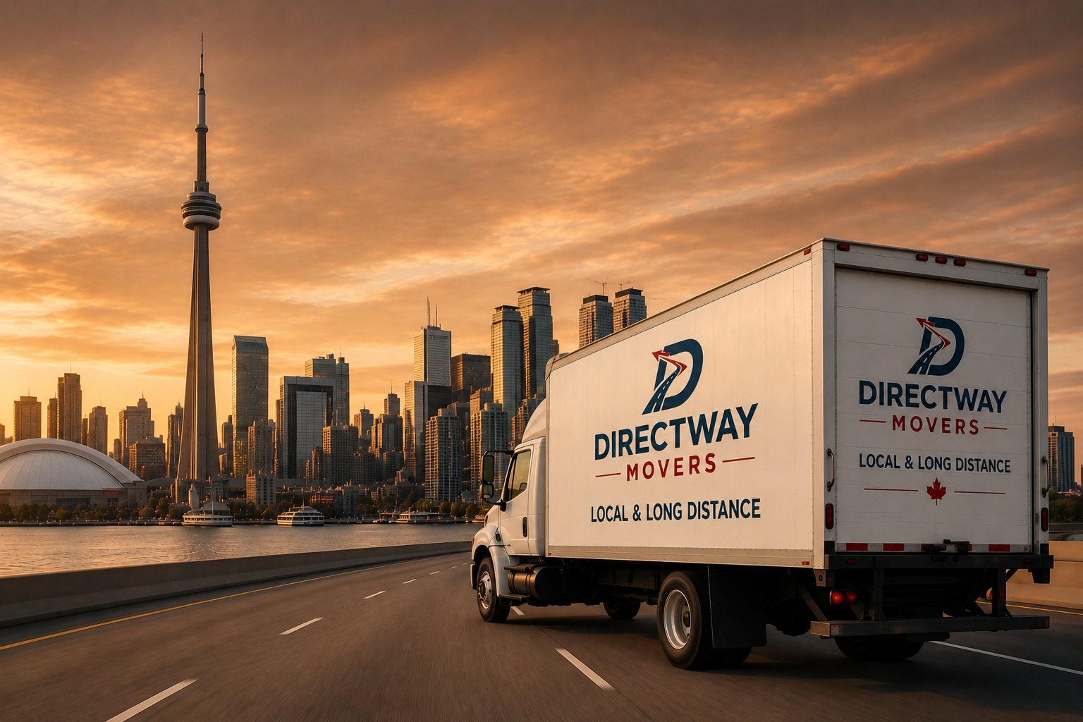 Directway moving truck driving past Toronto CN Tower